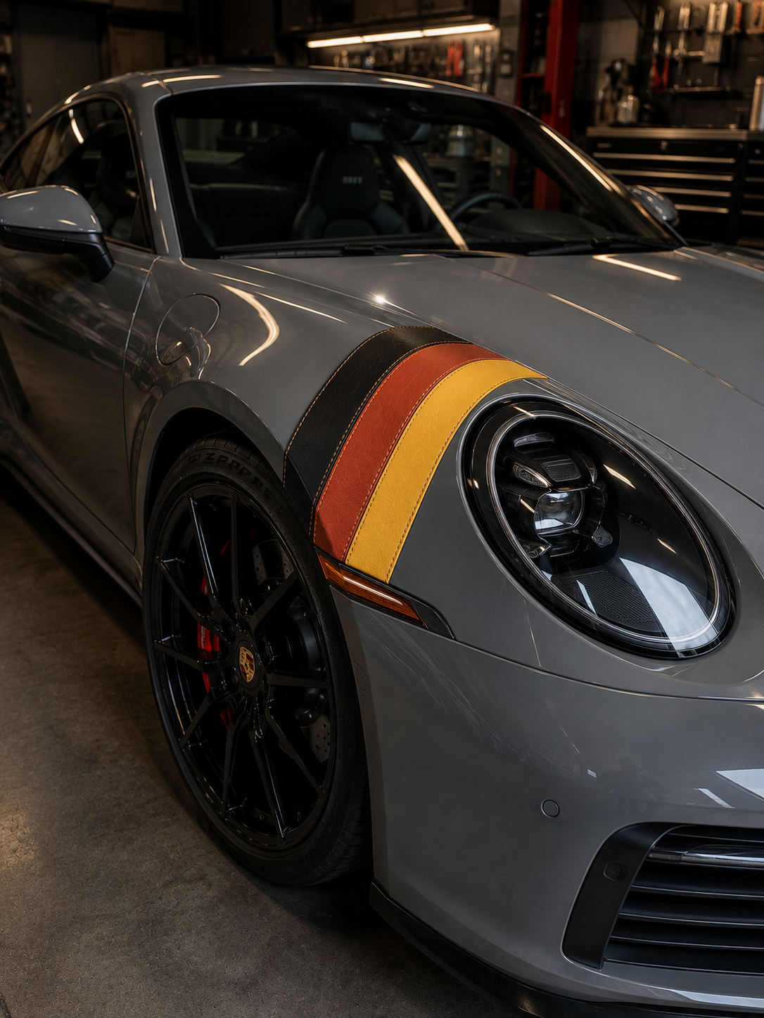 Concept rendering of a three-color leather fender accent on a sports car